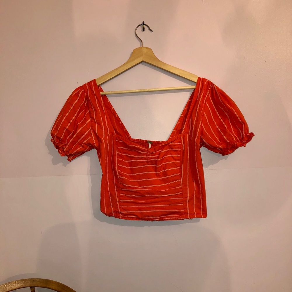 Red and white pin stripe puffy sleeve blouse